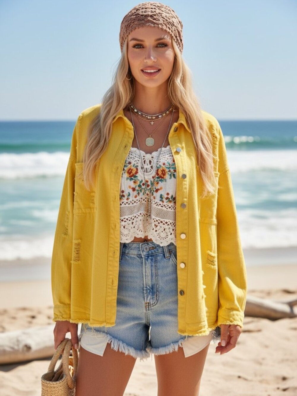 Lemon Yellow Distressed Cotton Denim Boho Coastal Cowgirl Shacket Jacket Large